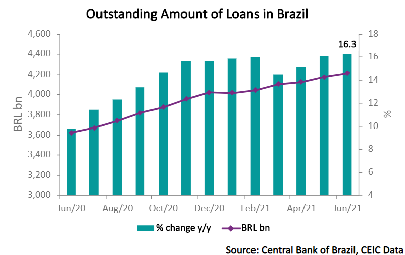 The amount of outstanding loans in Brazil expanded faster in June, rising by 16.3% y/y, after growing by 16.1% y/y in May. 